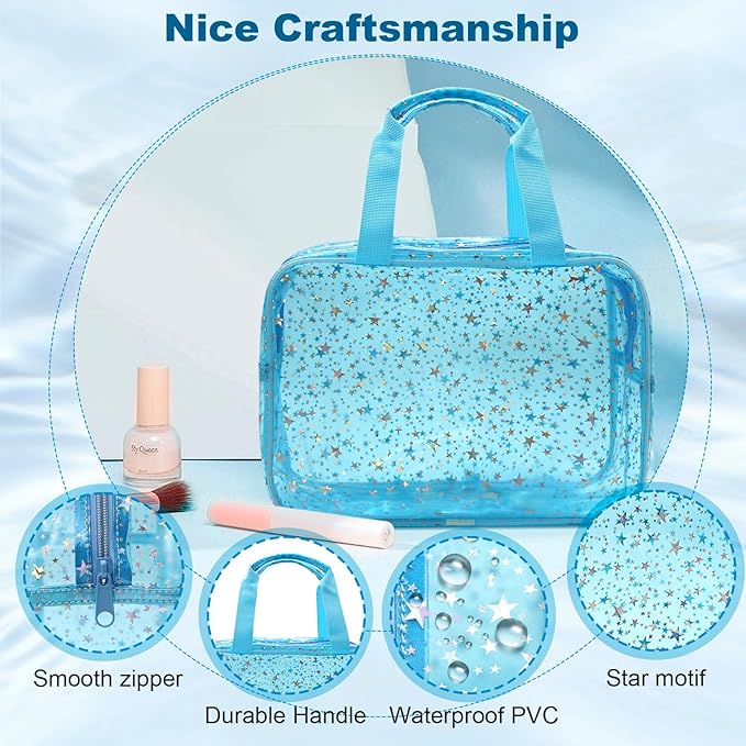 Clear Blue Star Large Makeup Bag with Star Pattern 12x5x8 inch, Travel Cosmetic Bag with Handle, Durable PVC Material Washbag Zipper Opening Design for Makeup Travel Organizer or Gym Use