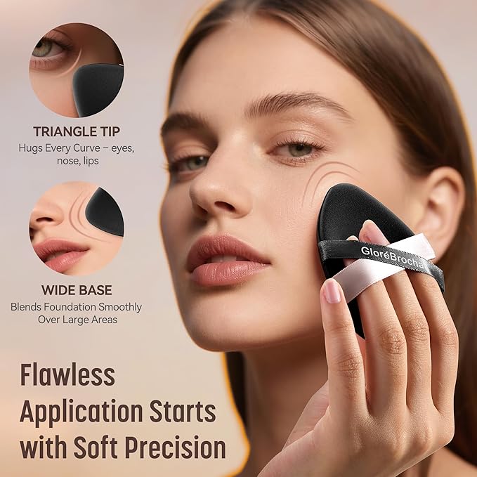 Makeup Sponge Set, GloréBrochas 2PCS Micro Porous Low Absorption Foundation Sponges, Latex-Free PU Cushion Puff, 3.2inches Soft Dual-Sided Powder Puff for Face Powder, Black&Brown