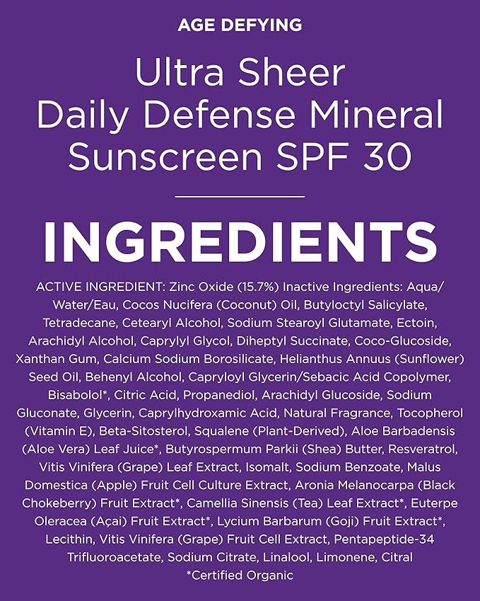 Andalou Naturals Age Defying Ultra Sheer Daily Defense Mineral Sunscreen SPF 30 | Face Lotion with Zinc Oxide | Lightweight Anti-Aging Sun Protection | 2.7 fl oz