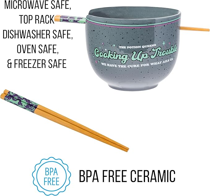 Silver Buffalo Disney Villains Featuring Ursula, Evil Queen, and Yzma Cooking Up Trouble Ceramic Ramen Noodle Rice Bowl with Chopsticks, Microwave Safe, 20 Ounces