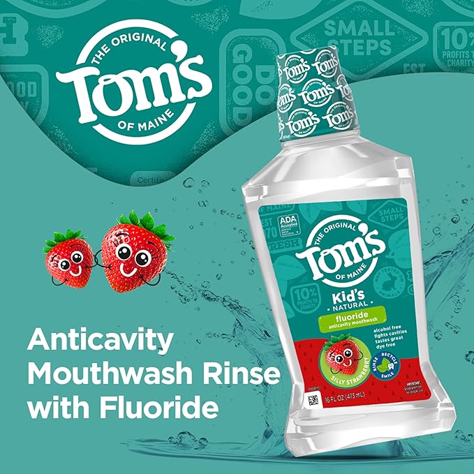 Tom's of Maine Children's Anticavity Fluoride Rinse Mouthwash, Silly Strawberry, 16 Fl Oz (Pack of 6) (Packaging May Vary)