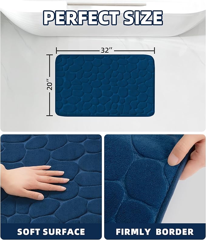 YIHOUSE Memory Foam Bath Mat Cobblestone Bathroom Rugs Super Water Absorbent Bath Mats for Bathroom Machine Washable Bath Rugs(20x32,Dark Blue)