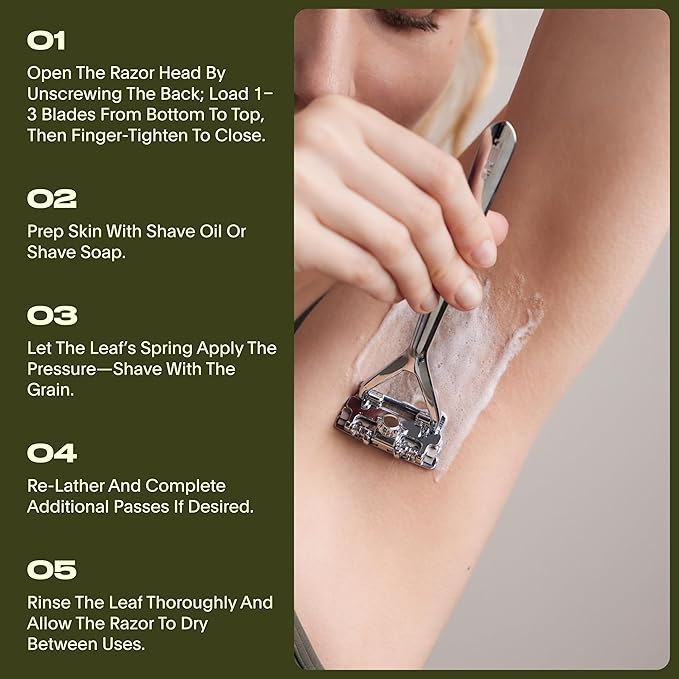 Leaf Shave | Leaf Razor Set, All-Metal Safety Razor with Pivoting Head & Adjustable Blade Loading, Includes Matching Stand, 50 Single-Edge Refills, and Recycling Bank for Used Blades - Black