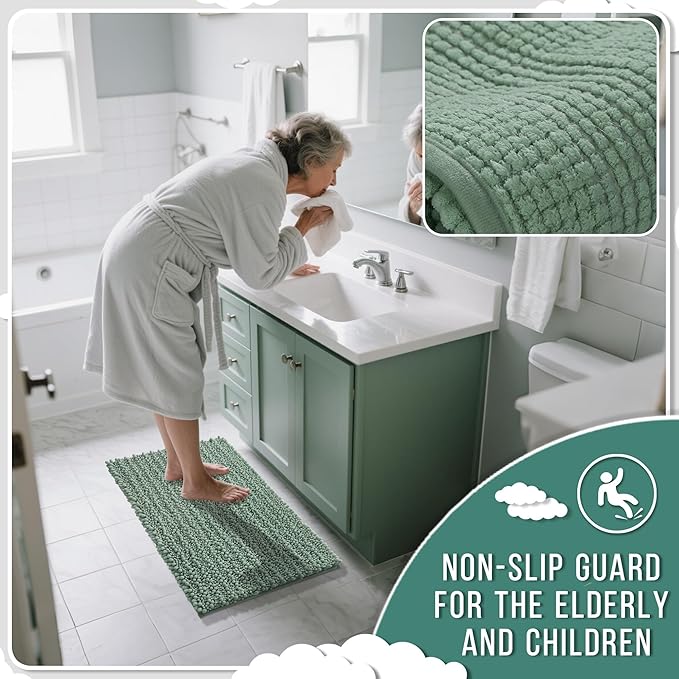 Yimobra Bathroom Rugs Non Slip Washable - Ultra Soft Absorbent Chenille Bath Mat, Quick Dry Shaggy Floor Carpet for Tub Shower, Green Home Decor Accessories, 24x17 Inch