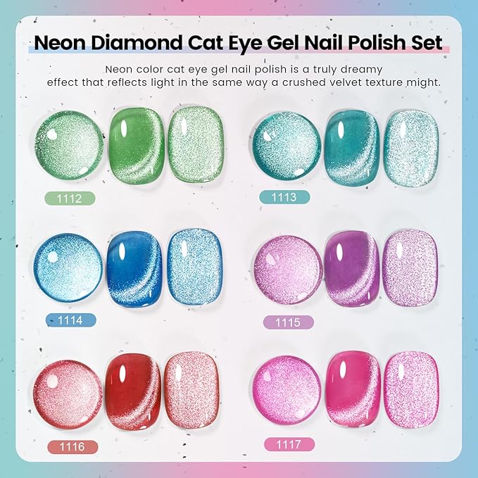 RARJSM Neon Diamond Cat Eye Gel Nail Polish Set 6 Colors Velvet Silver Glitter Bright Green Lake Blue Red Rose Purple Gel Polish with Magnet Stick UV LED Curing Requires Soak Off Home Salon Diy