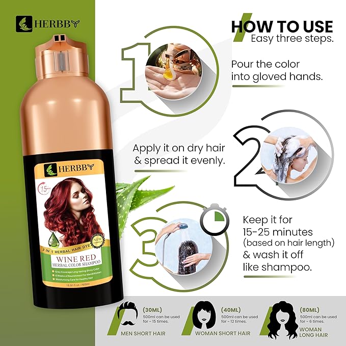 HERBBY Hair Color Shampoo for Gray Hair Coverage&Color Transform with 9 Herbal Extracts –Long Lasting(6-8 Weeks),Shiny,Evenly Colored,Instant Hair Dye Shampoo&Conditioner, 500 Ml (WINE RED COLOR)