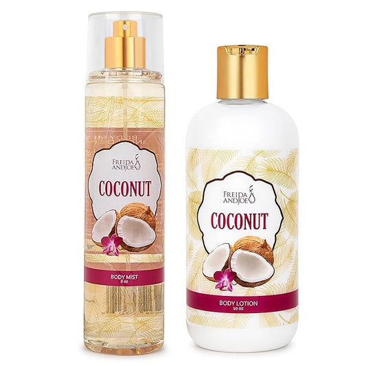 Home Spa Gift 10oz Deep Moisturizing Fragrance Body Lotion & 8 oz. Fine Fragrance Body Mist Set Luxury Self-Care Combo for Women and Girls (Coconut)