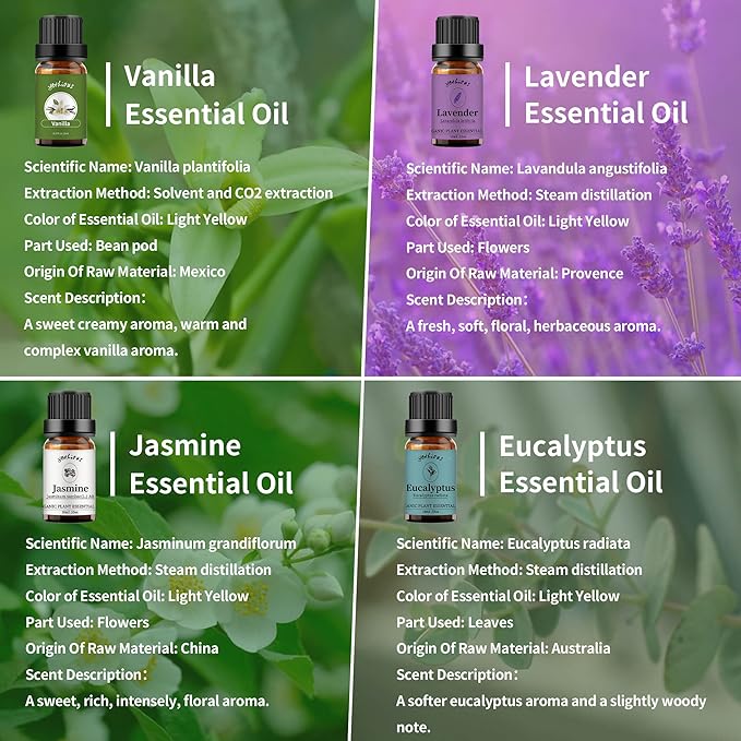 yethious 4 Pack Lavender Jasmine Vanilla Eucalyptus Essential Oil Set Vanilla Essential Oil for Diffuser, Soap/Candles Making Jasmine Essential Oil - Lavender, Jasmine, Vanilla, Eucalyptus