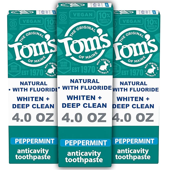 Tom's of Maine Whiten Plus Deep Clean Whitening Toothpaste, Natural Whitening Toothpaste with Plant-Based Cleansers, Enamel Safe, Whitens Without Causing Sensitivity, Peppermint, 4.0 oz (Pack of 3)