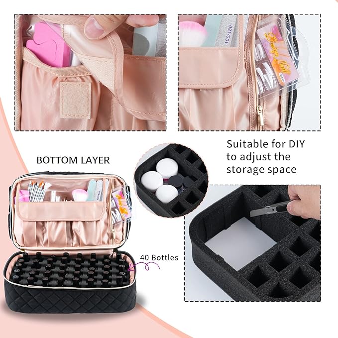 Nail Polish Organizer Case,Nail Storage Organizer Holds Nail Lamp & 50 Bottles Nail Polish,Travel Nail Tech Case,Nail Kit Organizer Bag Fits Nail Supplies & Manicure Tools,Black (Patented)