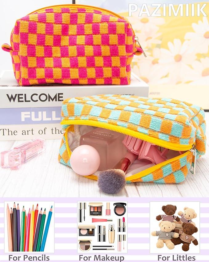 PAZIMIIK 2PCS Checkered Makeup Bag for Purse Portable Zipper Make Up Pouch Small Cosmetic Case for Travel Accessories Orange Green