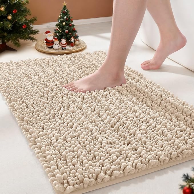 Yimobra Bathroom Rugs Non Slip Washable - Ultra Soft Absorbent Chenille Bath Mat, Quick Dry Shaggy Floor Carpet for Tub Shower, Light Brown Home Decor Accessories, 24x17 Inch