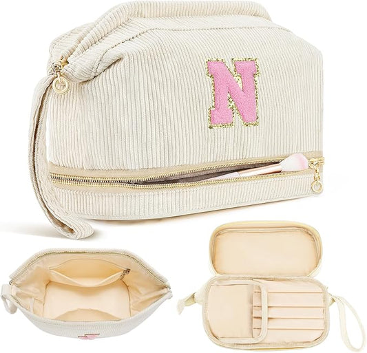 Makeup Bag for Girls Gift, Personalized Christmas Gifts Initial Women Makeup Bag for Travel, Double Layer Cosmetic Bag with Brush Organizer Preppy Make up Bag for Teen Girl Trendy - N