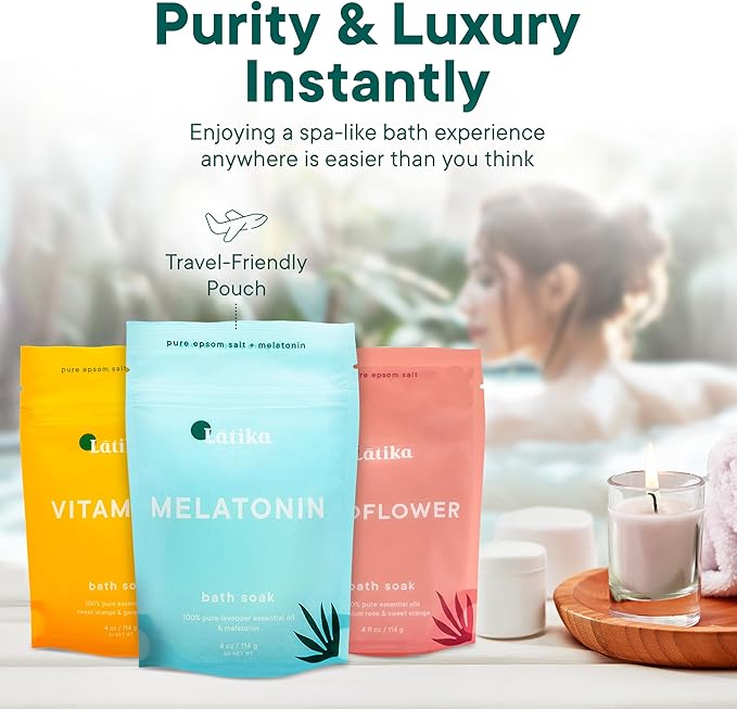 Latika Soaks Set of 3 - Wildflower, Melatonin, Vitamin C - Moisturizing Bath Soak with Epsom Salt & Essential Oils for Stress Relief, Muscle Recovery, & Relaxation - at-Home Spa