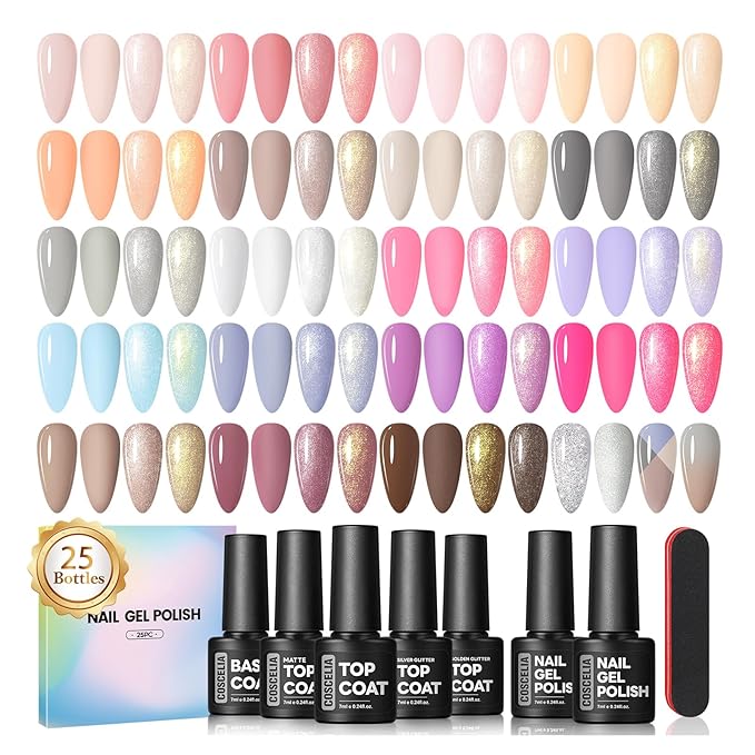 COSCELIA 25 Bottles Gel Nail Polish Set, 20 Colors Gel Polish with 5PC Top Base Coat Kit Nude Pink Brown Grey Glitte Fall Winter Nail Art Supplies Manicure Starter Kit Christmas Gifts for Women Teens
