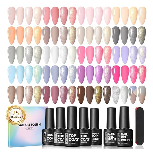 COSCELIA 25 Bottles Gel Nail Polish Set, 20 Colors Gel Polish with 5PC Top Base Coat Kit Nude Pink Brown Grey Glitte Fall Winter Nail Art Supplies Manicure Starter Kit Christmas Gifts for Women Teens