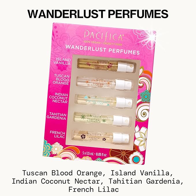 Pacifica Beauty, Wanderlust Spray Perfume Trial Set, Island Vanilla, 5 Scents, Fragrance Sampler Gift Set, Natural & Essential Oils, Clean, Vegan & Cruelty Free