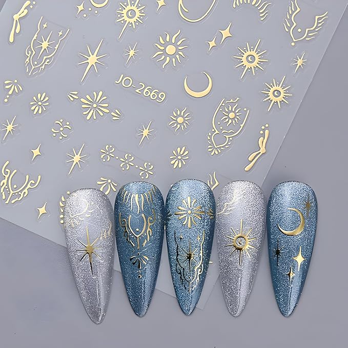 12 Sheets Silver Gold Moon Star Nail Art Stickers - 3D Self Adhesive Decals for Design and Decoration - Supplies Accessories for Women