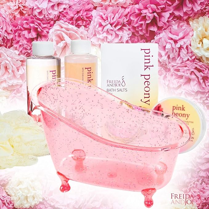 Home Spa Gift Basket Peony Spa Set For Women, Contains Shower Gel, Bubble Bath, Body Lotion, Peony Bath Salt & Puff in a Pink Feminine Tub