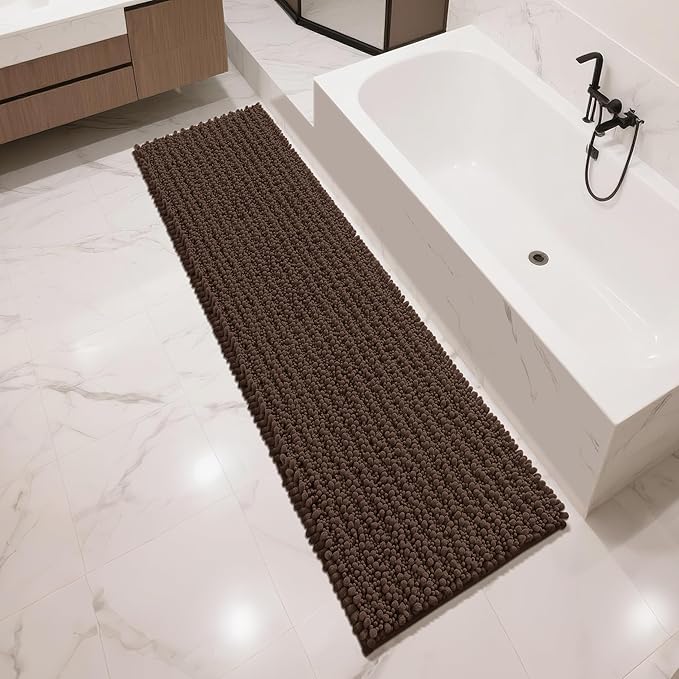 Yimobra Bathroom Runner Rug 70x24 Inch - Extra Long Non Slip Chenille Bath Mat, Soft & Absorbent, Machine Washable Shaggy Hallway Carpet for Vanity Tub Shower, Brown Home Decor Accessories