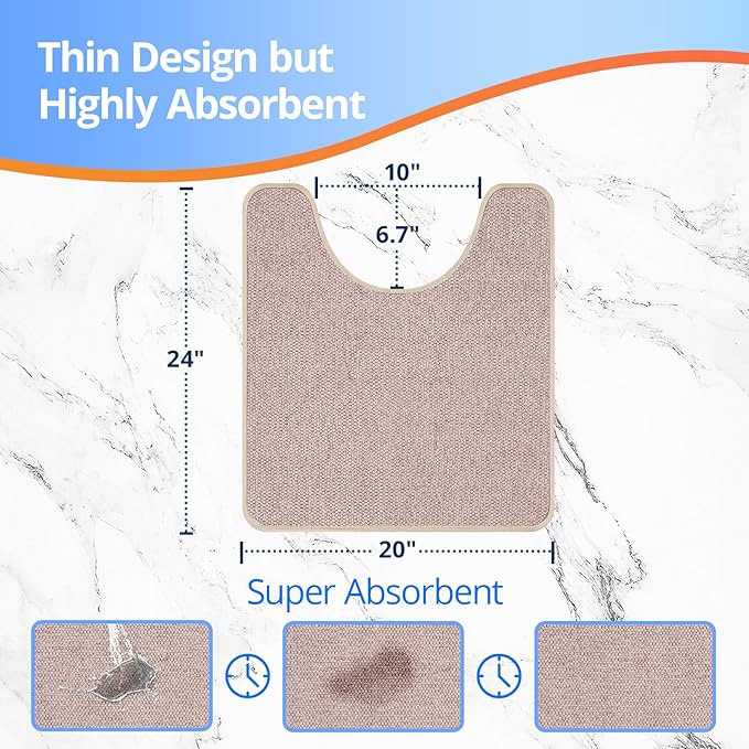 Toilet Rugs U Shaped Washable 24x20, Ultra Thin Toilet Rug Super Absorbent, Toilet Mat Rubber Backing Non-Slip, Toilet Mats Machine Washable Dry Quickly, Contour Bathroom Rugs for Toilet-Biege