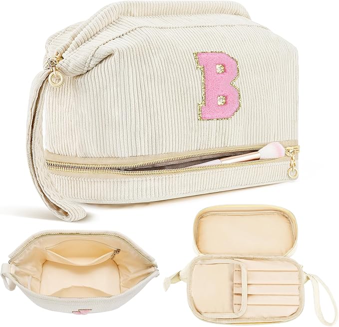 Makeup Bag for Girls Gift, Personalized Christmas Gifts Initial Women Makeup Bag for Travel, Double Layer Cosmetic Bag with Brush Organizer Preppy Make up Bag for Teen Girl Trendy - B