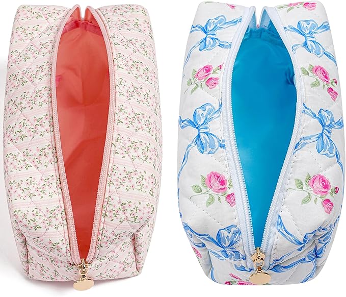 Makeup Bag Travel Cosmetic Bag for Women Girls, Zipper Make Up Pouch, Floral Flowers Toiletry Organizer Makeup, Portable Storage Bag, Cosmetic Travel Cloth Bag (Pink+Blue Bowknot)