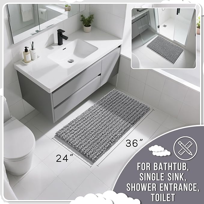 Yimobra Large Bathroom Rugs Non Slip Washable 36x24 Inch - Ultra Soft Absorbent Chenille Bath Mat, Quick Dry Shaggy Floor Carpet for Tub Shower, Gray Home Decor Accessories