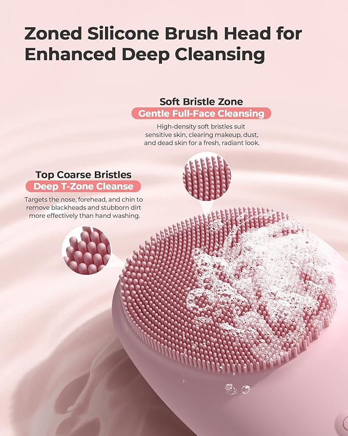 Facial Cleansing Brush & Massager, 2 in 1 Facial Skin Scrubber Waterproof and Rechargeable Face Scrub for Deep Cleansing Vibrating Exfoliator Scrubber Skin Care with 7 Modes, Gentle Exfoliating - Pink
