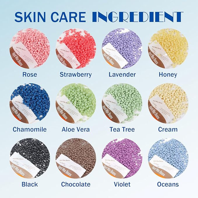 12PCS Hard Wax Beads for Hair Removal,Flawless Waxing Beans for Face,Body,Underarm,Chest,Eyebrow,Legs,Brazilian Bikini,At Home Hard Wax Kit with12 Applicator Sticks