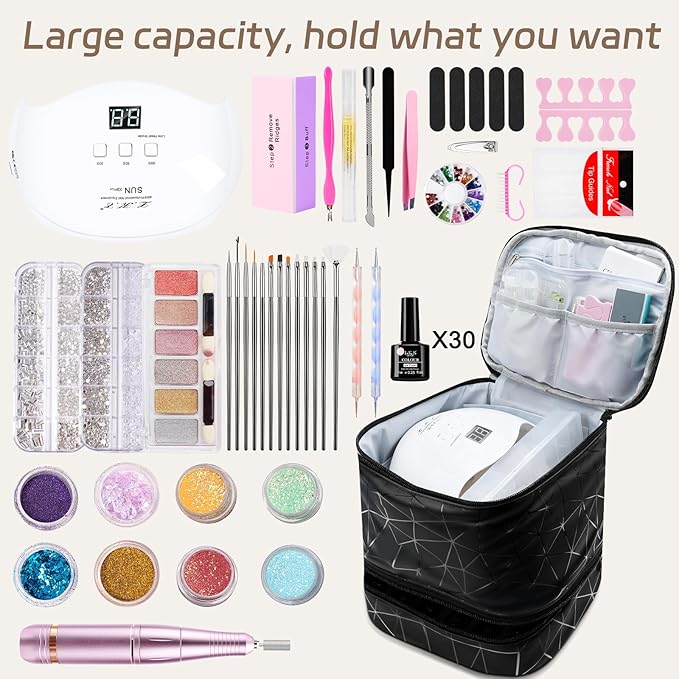 LKE Nail Polish Organizer, Nail Organizers and Storage - Double Layer Holder for Painting Nails, Holds 30 Bottles & Nail Lamp, PU Leather Professional Manicure Case with 2 Bags, Travel Essential