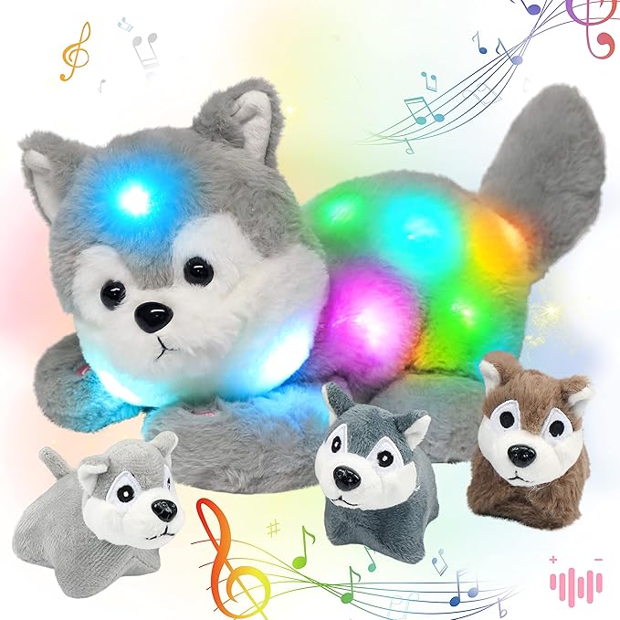 Hopearl LED Musical Stuffed Husky Lighting Up Singing Plush Toy Playset Mommy Dog with 3 Baby Puppies in her Tummy Lullaby Animated Soothe for Mom Toddler Girls, Gray, 17''