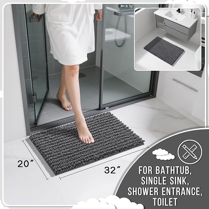 Yimobra Bathroom Rugs Non Slip Washable 32x20 Inch - Ultra Soft Absorbent Chenille Bath Mat, Quick Dry Shaggy Floor Carpet for Tub Shower, Dark Gray Home Decor Accessories