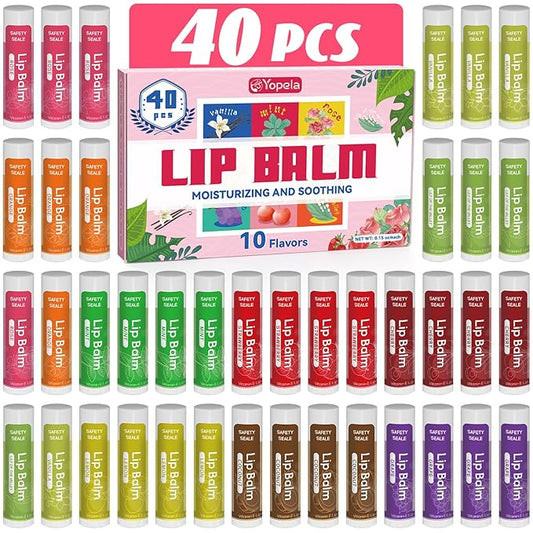 40 Pack Natural Lip Balm Bulk with Vitamin E and Coconut Oil - Moisturizing Dry Cracked Lips, Mini Chap Stick Gifts for Kids Women Men- 10 Flavors - Non-GMO