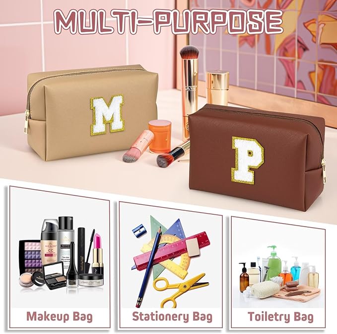 TOPEAST Monogrammed Gift for Women Girls, Personalized Initial Makeup Bags Cosmetic Bag with Zipper, Cute Makeup Pouch, PU Leather Waterproof Toiletry Bag, Preppy Gifts Stuff for Girl (Brown E)