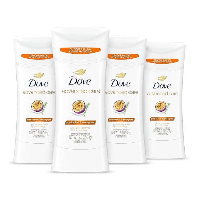 Dove Advanced Care Antiperspirant Deodorant Stick Passion Fruit & Lemongrass scent 4 Count Antiperspirant deodorant with Pro Ceramide Technology 72-hour odor control and all-day sweat protection 2.6oz