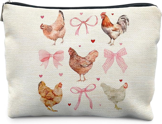 Coquette Pink Bow Chicken Makeup Bag for Women, Chicken Lover Gifts, Preppy Cottagecore Cosmetic Bag for Purse, Cute Rooster Hen Farm Animal Makeup Zipper Pouch
