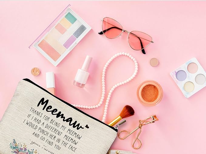 Funny Meemaw Gifts Makeup Cosmetic Bag - Memaw Mothers Day Gift, Memaw Grandma Gifts from Grandkids, Memaw Birthday Gifts, Best Grandma Gifts, Meemaw Floral Small Makeup Bag for Purse