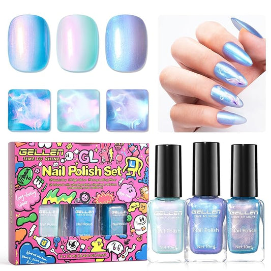 GELLEN Pearl Nail Polish Set 3 Colors Pastel Mermaid Ombre Nail Polish Glitter Shimmer Air Quick Dry Nail Lacquer Light Blue Purple Green Aurora Iridescent Fingernail Polish Home Salon DIY Manicure
