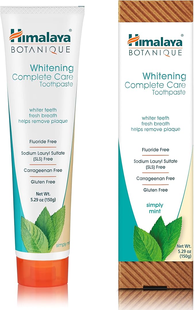Himalaya Botanique Whitening Complete Care Toothpaste, Teeth Whitening, Fights Plaque, Fluoride Free, No Artificial Flavors, SLS Free, Cruelty Free, Foaming, Simply Mint Flavor, 5.29 Oz, 2 Pack