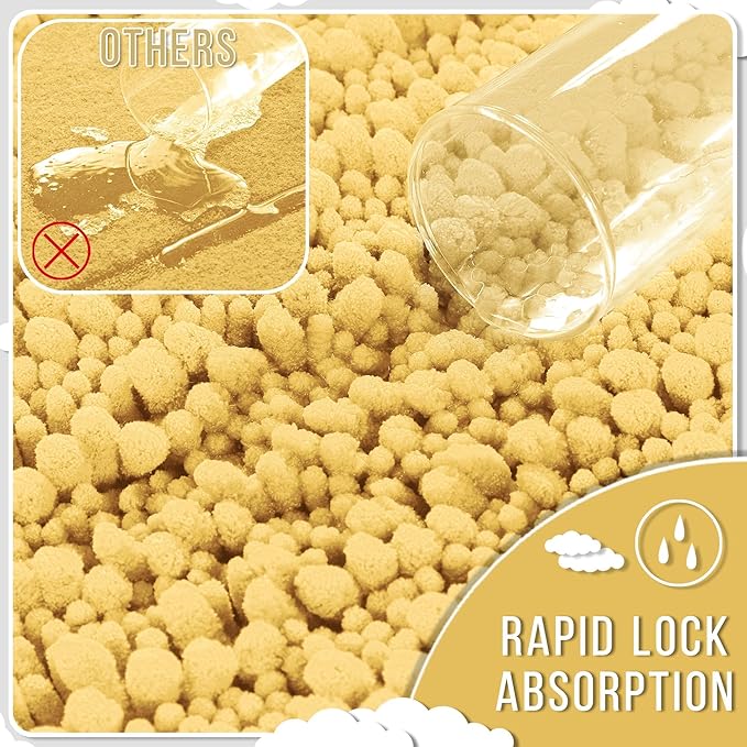 Yimobra Bathroom Rugs Non Slip Washable - Ultra Soft Absorbent Chenille Bath Mat, Quick Dry Shaggy Floor Carpet for Tub Shower, Yellow Home Decor Accessories, 24x17 Inch