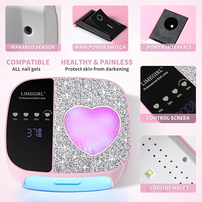 LIMEGIRL UV LED Nail Lamp Kit for Gel Polish Professional Fast Curing Pink Dryer Light Set with 4 Timer Settings Cordless Rechargeable Nail Art Cure Machine for Manicure Pedicure at Home and Salon