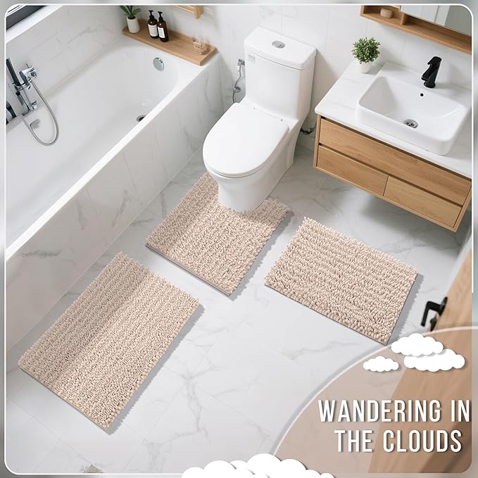 Yimobra Bathroom Rugs Non Slip Washable - Ultra Soft Absorbent Chenille Bath Mat, Quick Dry Shaggy Floor Carpet for Tub Shower, Pinkish Beige Home Decor Accessories, 24x17 Inch