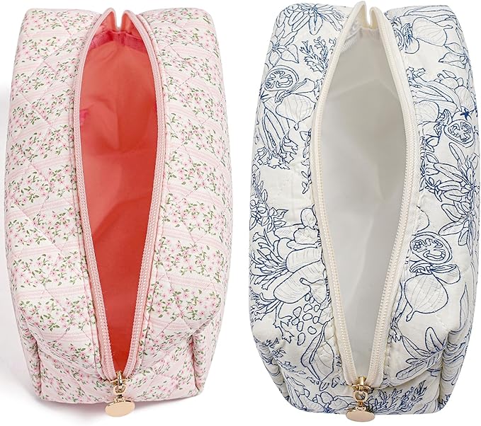 Makeup Bag Travel Cosmetic Bag for Women, Zipper Make Up Pouch, Floral Flowers Toiletry Organizer, Portable Storage Bag, Cosmetic Travel Cloth Bag (Pink+Navy Blue Flower)