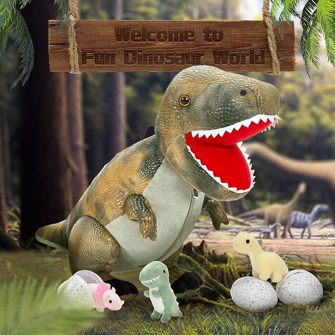 MorisMos Dinosaur Stuffed Animals Set,23.6'' Big Stuffed Dinosaur Mommy + 3 Baby Dino Toys+3 Plush Dino Eggs, Boy Girl T-Rex Toys for Kid Birthday Gift,Realistic T-rex, CPC Certified,Machine Washable