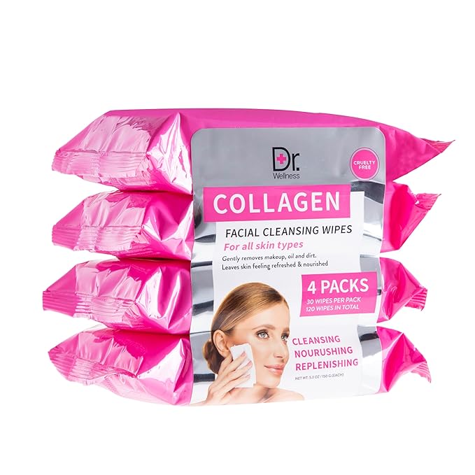 Dr. Wellness Gentle Cleansing Facial Wipes Variety Pack for All Skin Types, 30 Count (Pack of 4), Collagen