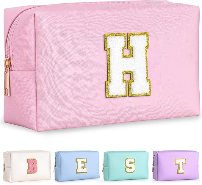 TOPEAST Preppy Toiletry Bag for Teen Girls, Initial Makeup Bags with Zipper, Monogrammed Birthday Gifts for Girls Daughter Sister Friends, Preppy Things for Girls Teenage (Pink H)
