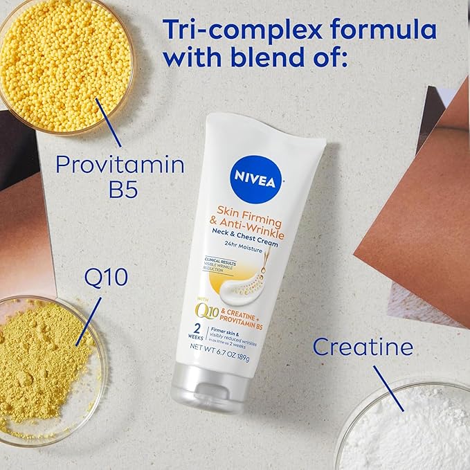 Nivea Skin Firming and Anti Wrinkle Neck and Chest Cream with Q10, Creatine and Provitamin B5, Skin Firming Body Cream Reduces the Look of Fine Lines and Wrinkles, 6.7 Oz Tube