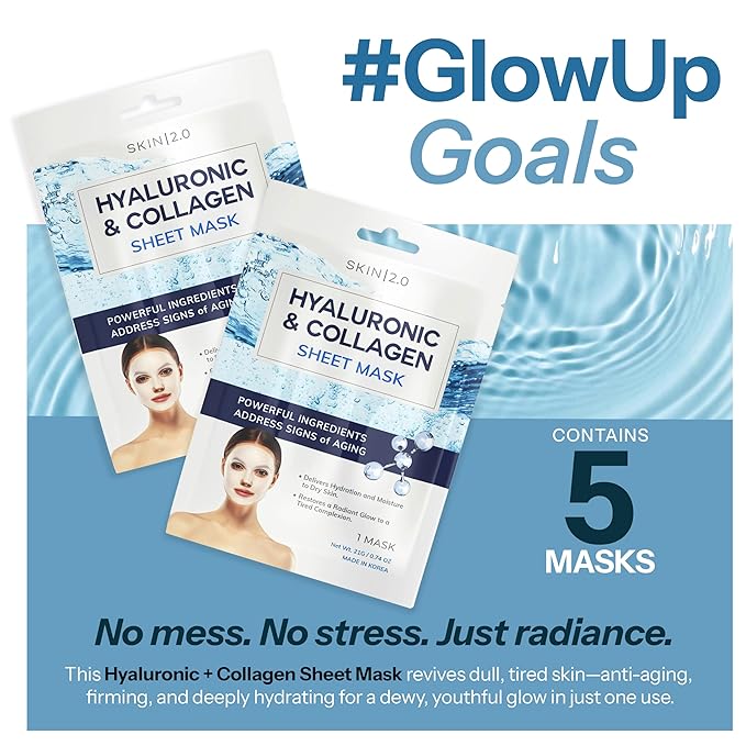 Hyaluronic Acid & Collagen Sheet Mask - Hydrating, Anti-Aging, Firming - Dermatologist Tested Korean Skincare - Clean Beauty, Natural Ingredients, Cruelty-Free, All Skin Types - Pack of 5