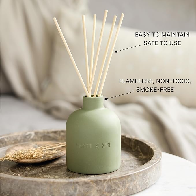Craft & Kin Christmas Reed Diffuser for Home & Bathroom – White Birch & Cedar Holiday Reed Diffuser Set with Fragrance Sticks, Long-Lasting Alcohol-Free Winter Scent, Earthenware Collection, 6.7oz
